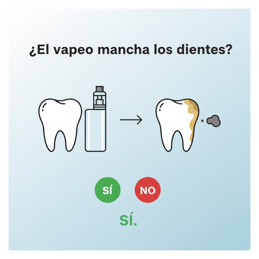 El vapeo y su impacto en la salud bucal: cómo afecta a tus encías y más allá de tus pulmones 3 Viñeta con pregunta: ¿El vapeo mancha los dientes? acompañada de ilustraciones minimalistas