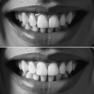 Dos bocas comparativas. Dientes mal alineados en una y dientes perfectos en la otra.