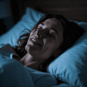 Una mujer en la cama sonriendo