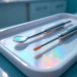 Un cepillo de dientes y un espejo en una bandeja