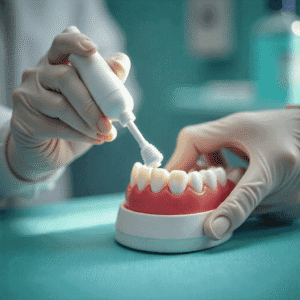 Una persona cepillando los dientes de un modelo de dentadura