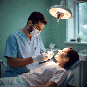Un hombre con mascarilla y guantes examina los dientes de una mujer