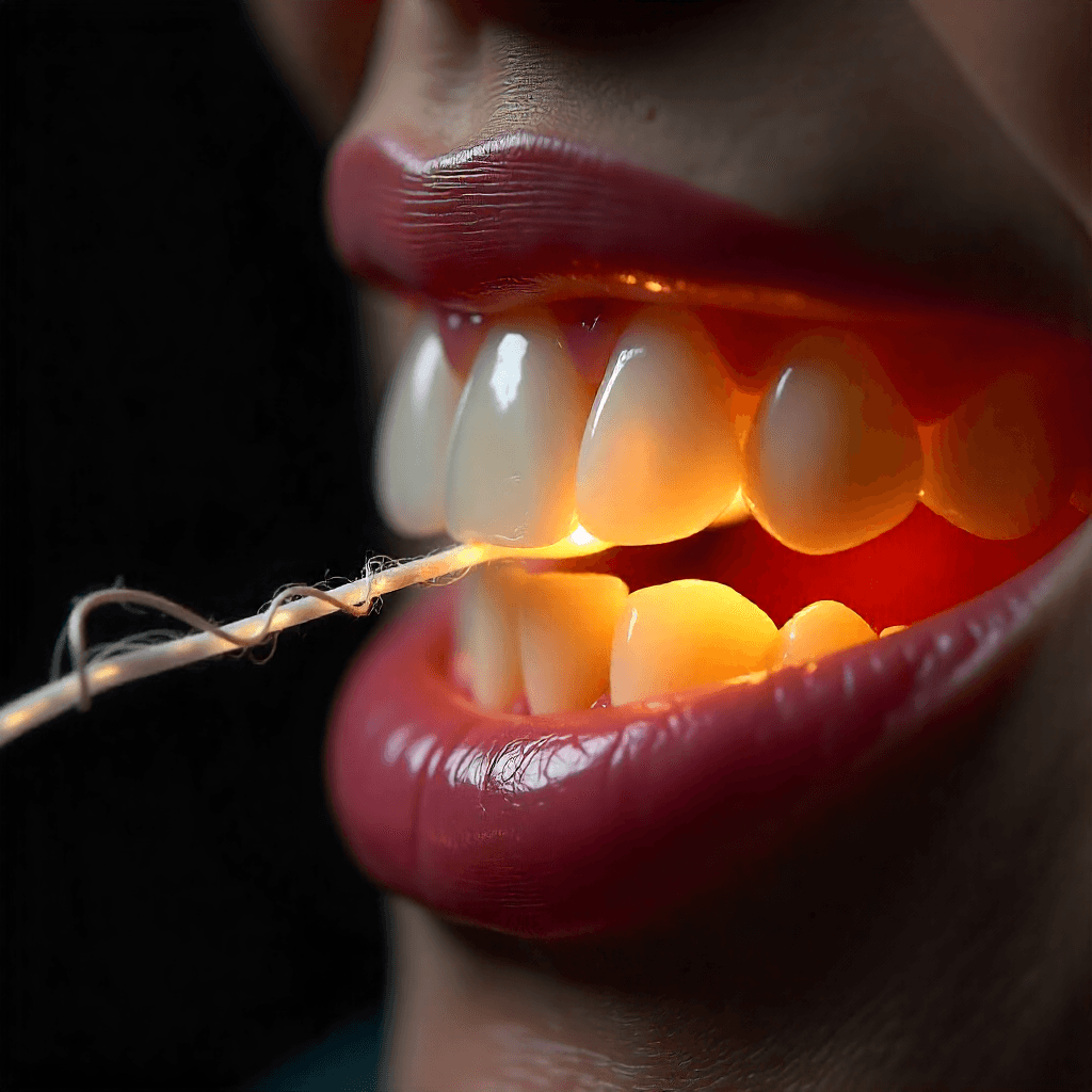 La boca de una persona con hilo dental entre los dientes