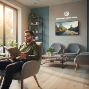 Hombre leyendo en sala de espera.