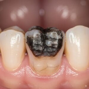 Diente con caries y empaste oscuro.